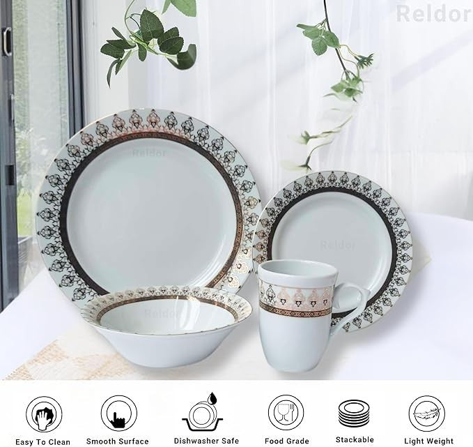 16pc Gold Floral Porcelain Dinnerware Set Plates Bowls Mugs Service for 4