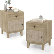 Rattan Bedside Tables Set of 2 – Boho Storage Drawer & Door – Solid Wood Legs 40