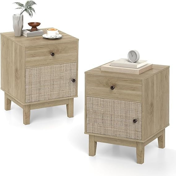 Rattan Bedside Tables Set of 2 – Boho Storage Drawer & Door – Solid Wood Legs 40