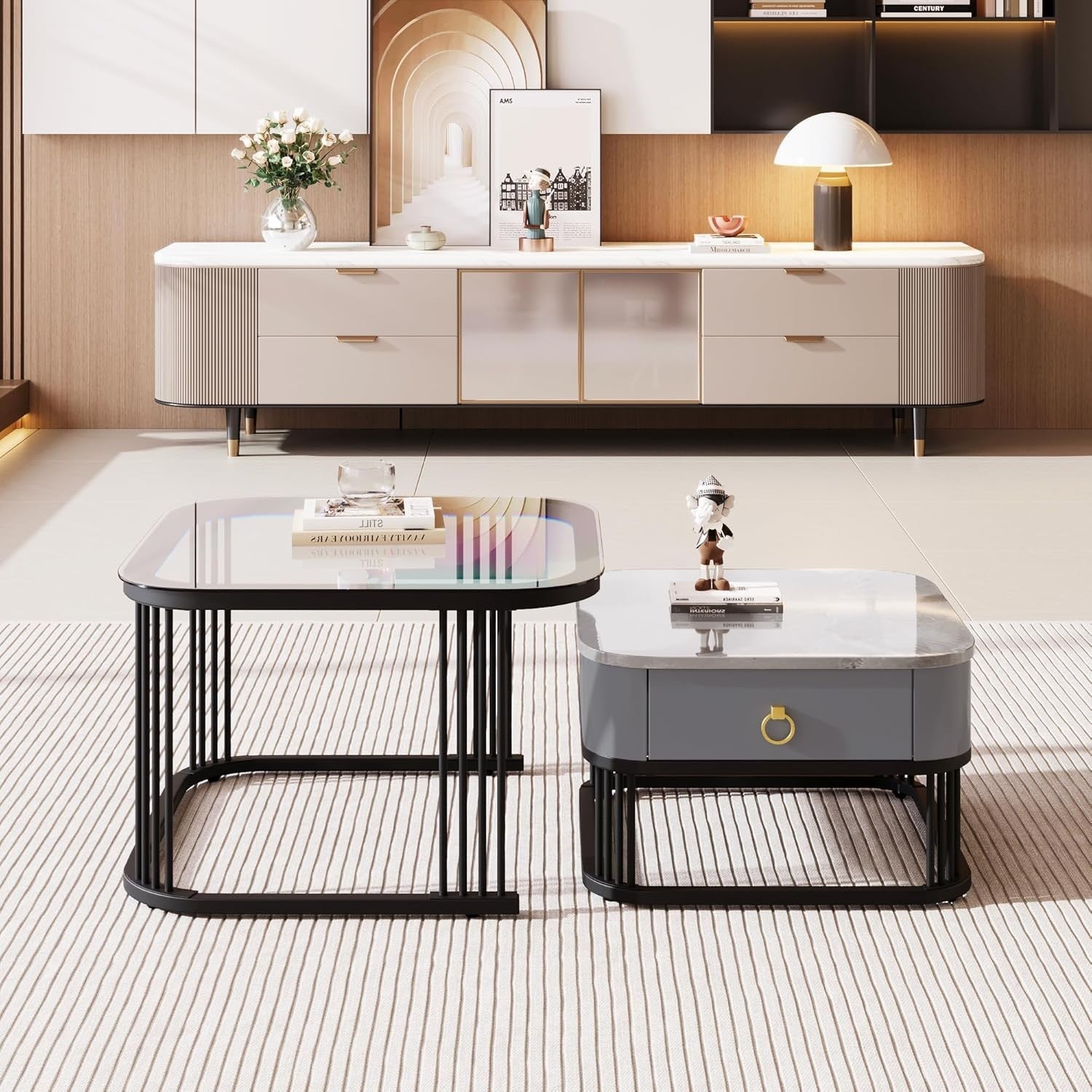 2x Nesting Coffee Tables Set Storage Drawer Marble Look & Glass Top Metal Frame