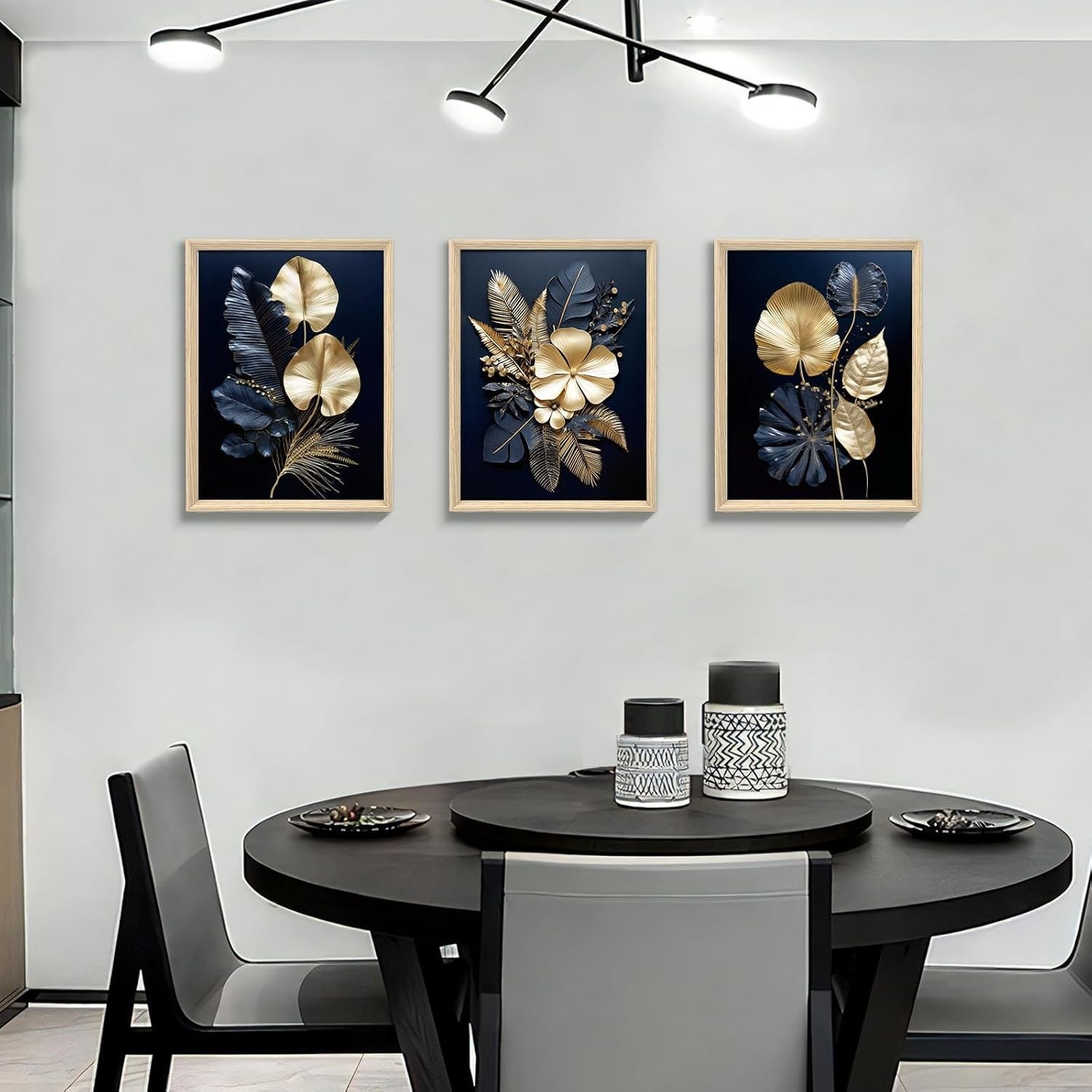 FajerminArt 3-Piece Canvas Wall Art 30x40cm Navy Gold Flowers