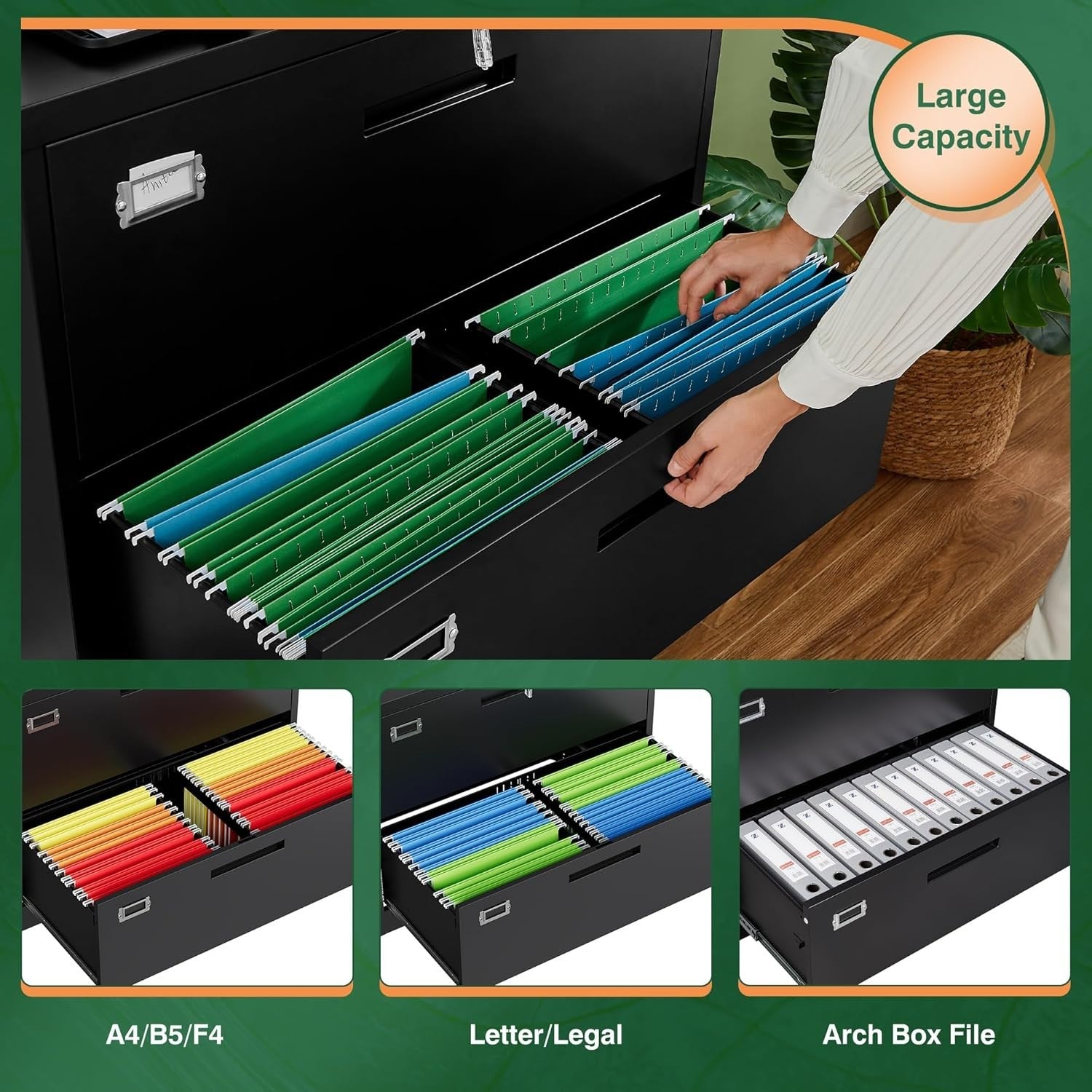 Black Steel Lateral Filing Cabinet 2 Drawer Wide Lockable File Storage