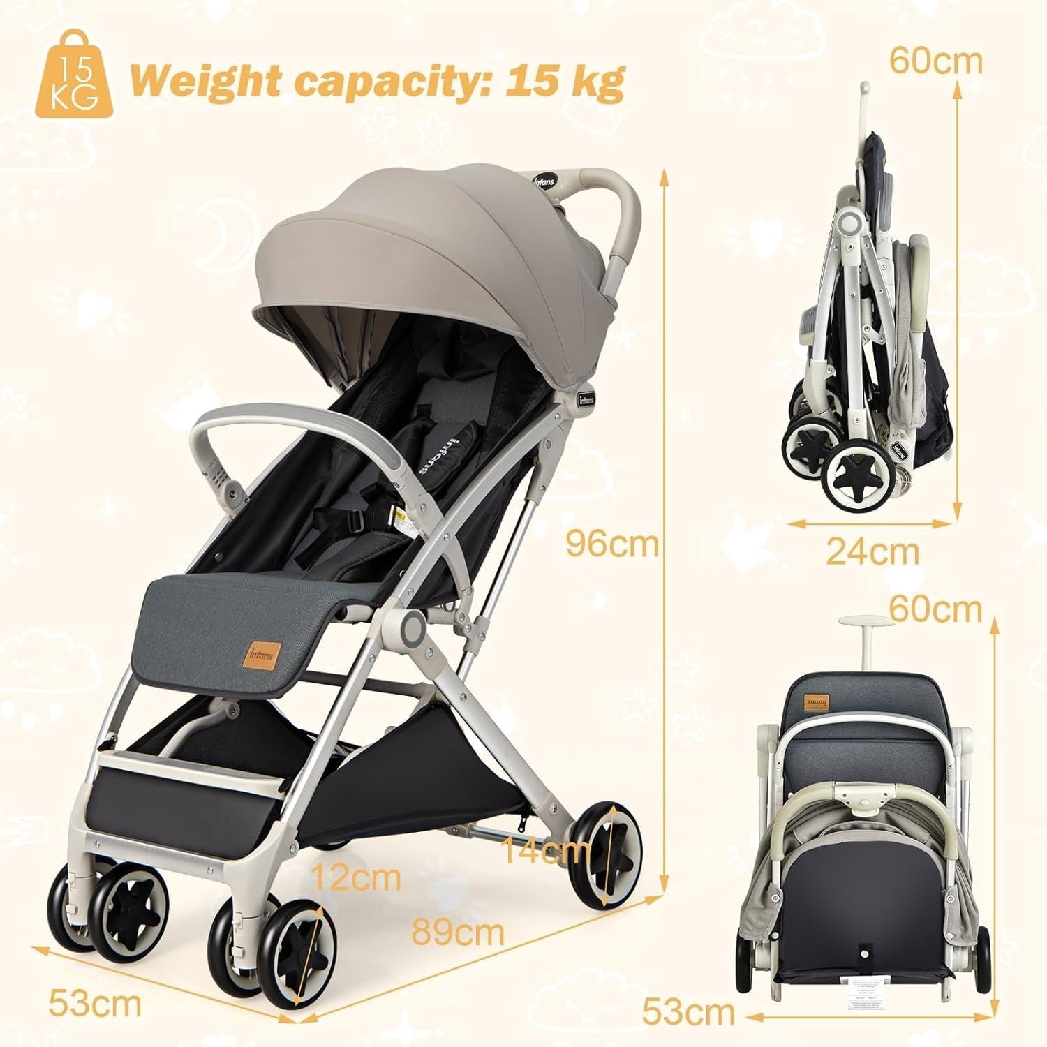 Lightweight Baby Stroller One Hand Fold Travel Buggy 5 Point Harness