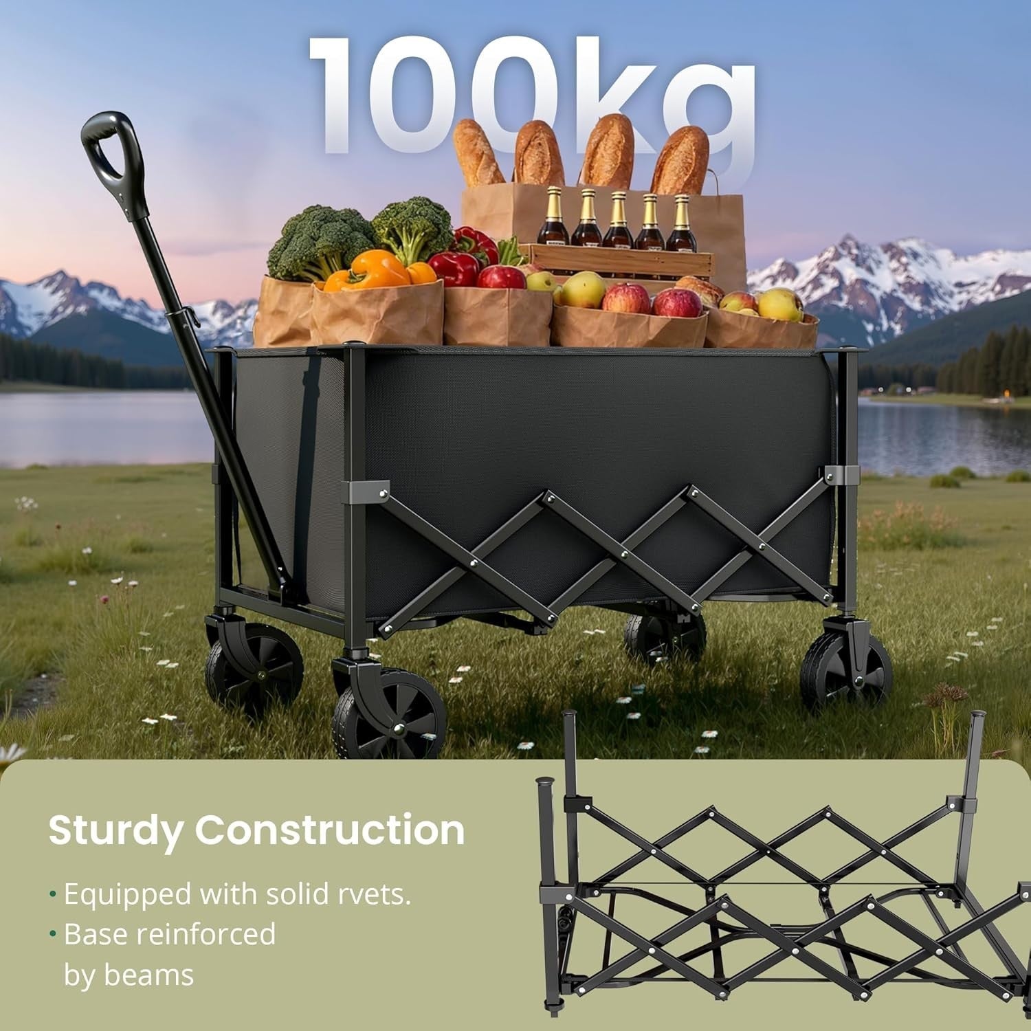 70L Folding Festival Trolley Heavy Duty Camping Garden Beach Wagon 220lbs Black