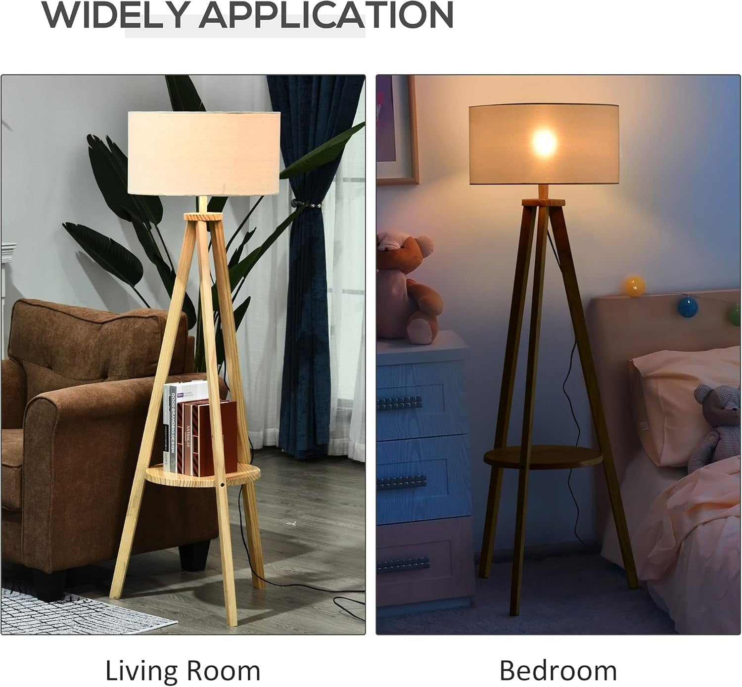Tripod Floor Lamp with Linen Shade & Storage Shelf – Warm Reading Light