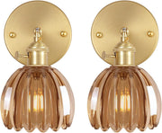 Vintage Brass Wall Sconces Set of 2, 180° Adjustable, Amber Glass Shades