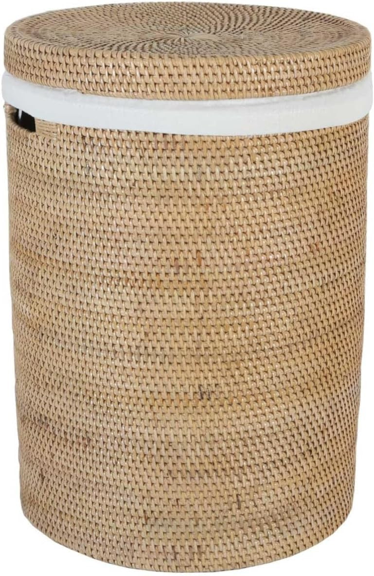 XL Natural Rattan Laundry Basket with Lid Rustic Braided Round Hamper 50cm