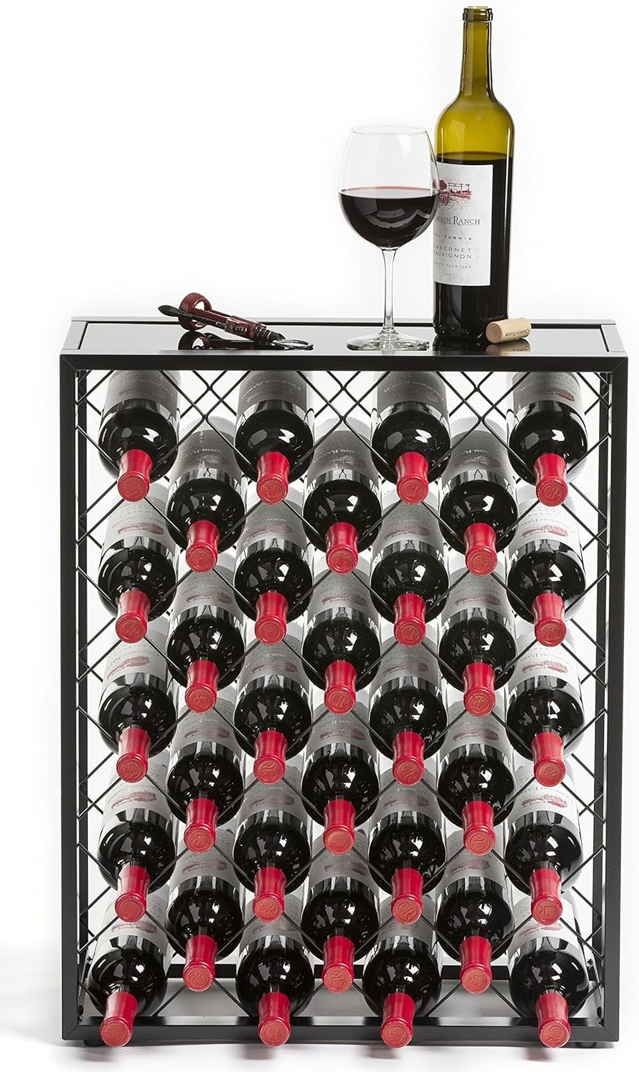 32 Bottle Metal Wine Rack with Glass Top Shelf Free Standing Black Kitchen Bar