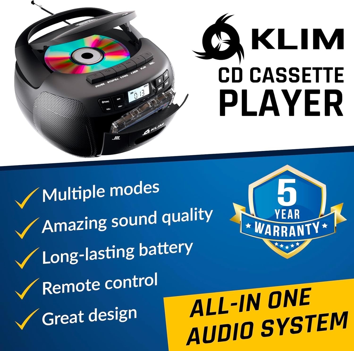 CD Cassette Player Boombox Bluetooth AM FM Radio USB AUX Remote Stereo