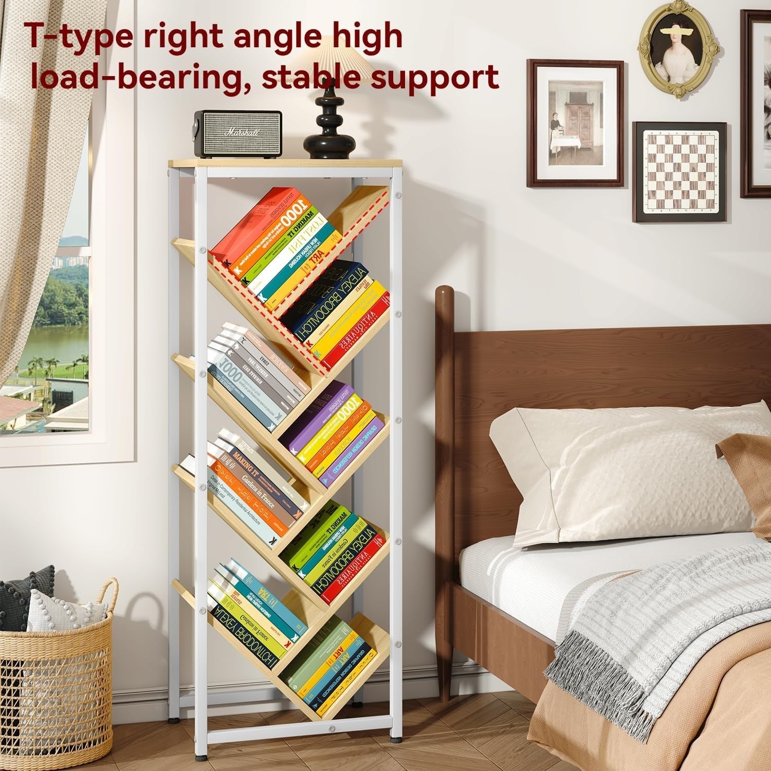 9-Tier Tree Bookshelf Wooden Floor Standing Corner Bookcase Narrow Space