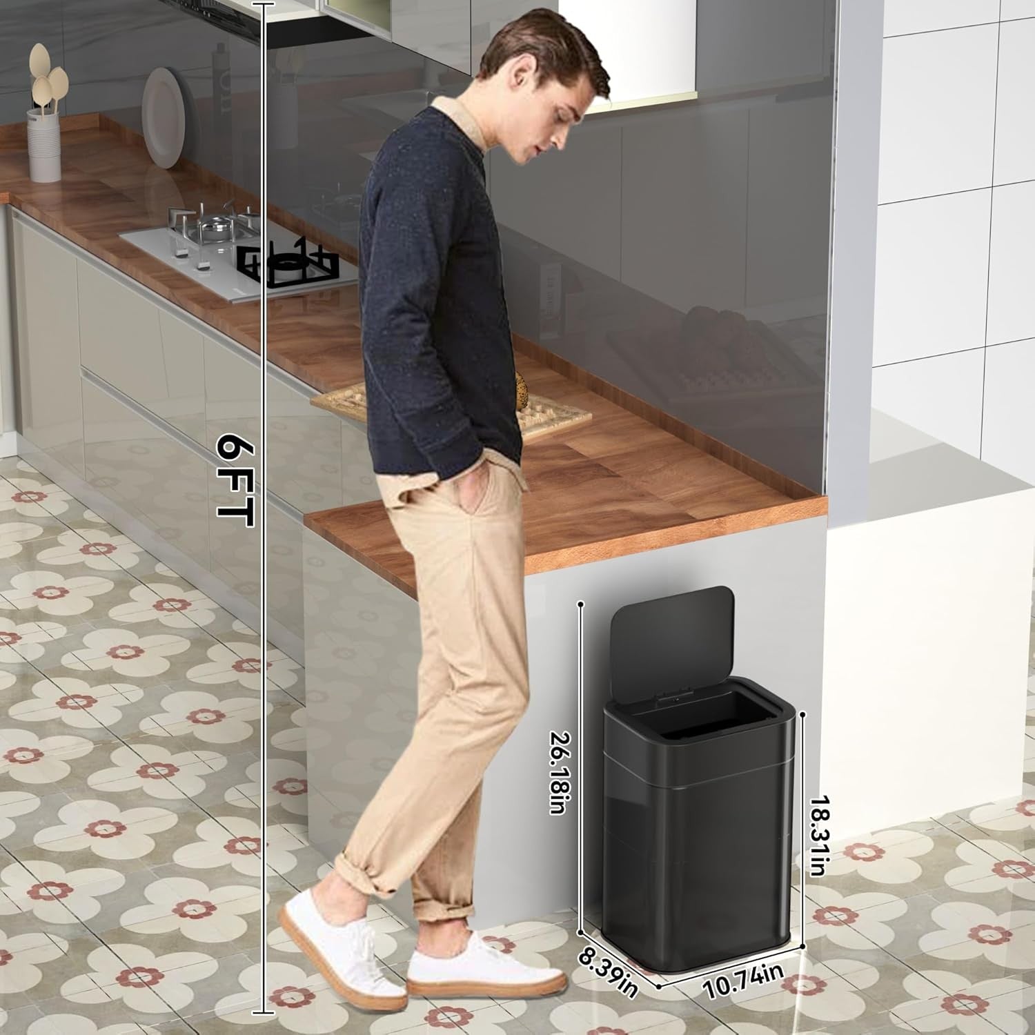 6 Gallon Touchless Kitchen Bin 360° Sensor Stainless Steel Soft Close