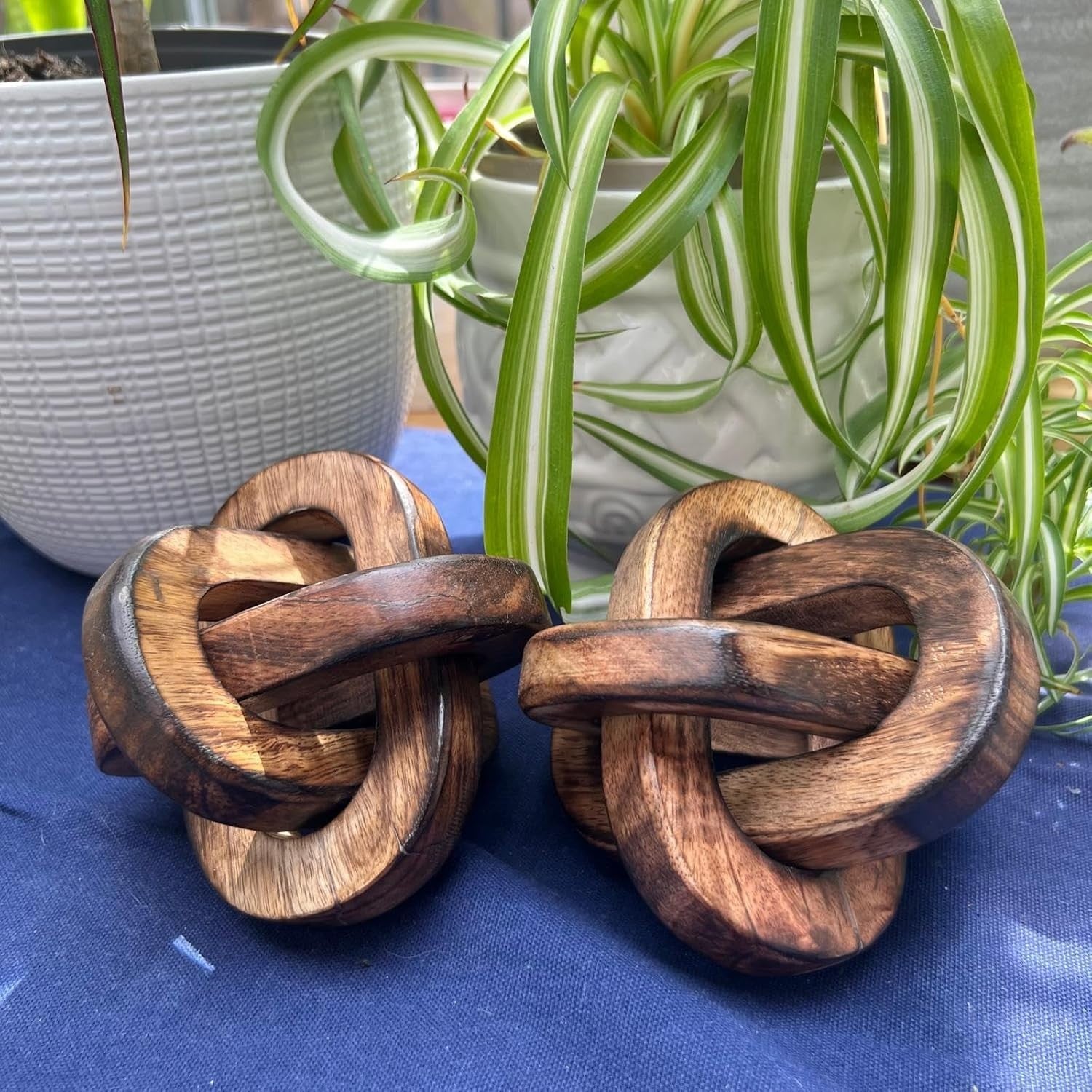 Rustic Wooden Knot Ornaments Pair | 3-Link Sculptures | Shelf & Coffee Table