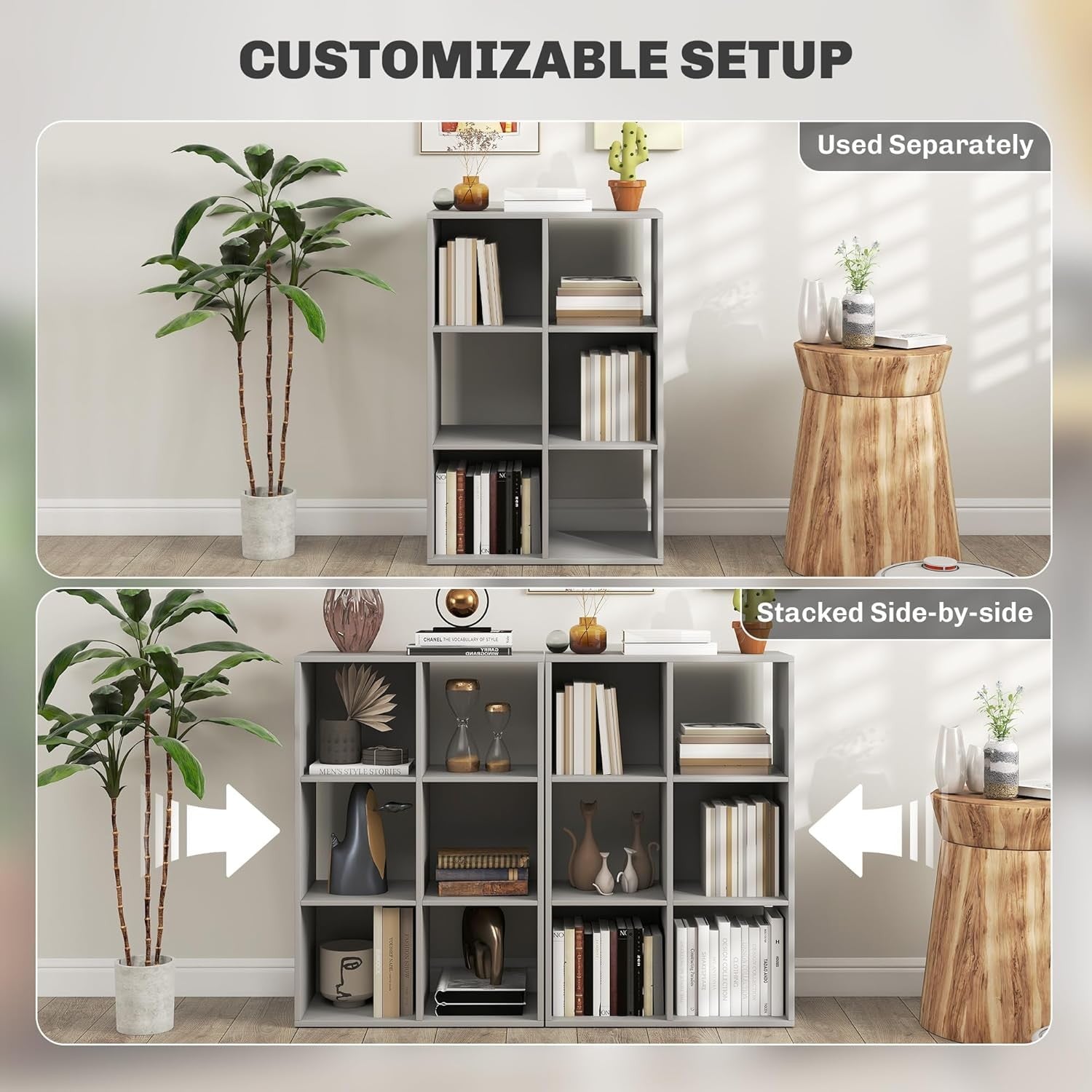 Modern 6-Cube Bookcase Storage Unit Light Grey Shelving for Living Room Office