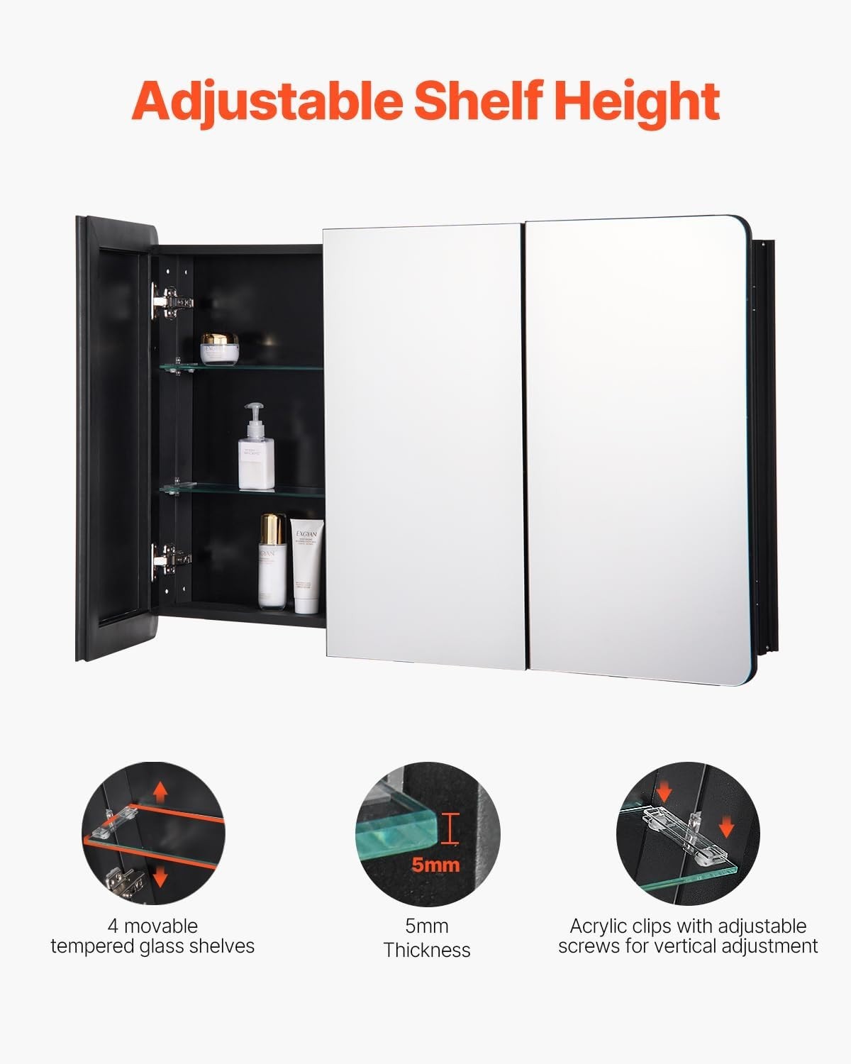 Bathroom Mirror Cabinet 65x101cm Wall Mount 4-Layer Adjustable Storage
