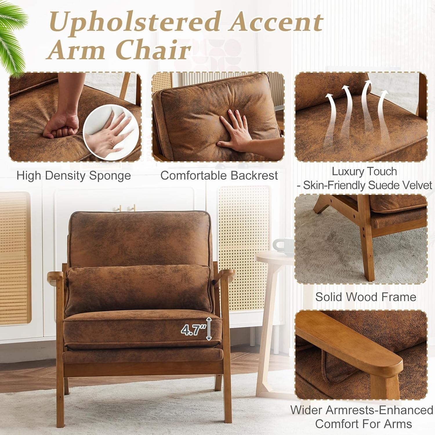 Brown Fabric Accent Armchair Solid Wood Lounge Chair Wide Arm