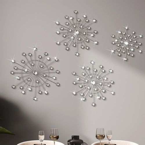 Silver Metal Wall Art Starburst Set Modern 4 Piece Living Room Decor