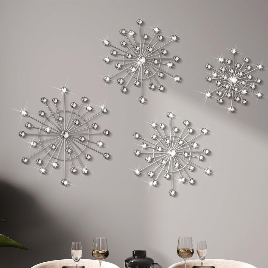 Silver Metal Wall Art Starburst Set Modern 4 Piece Living Room Decor