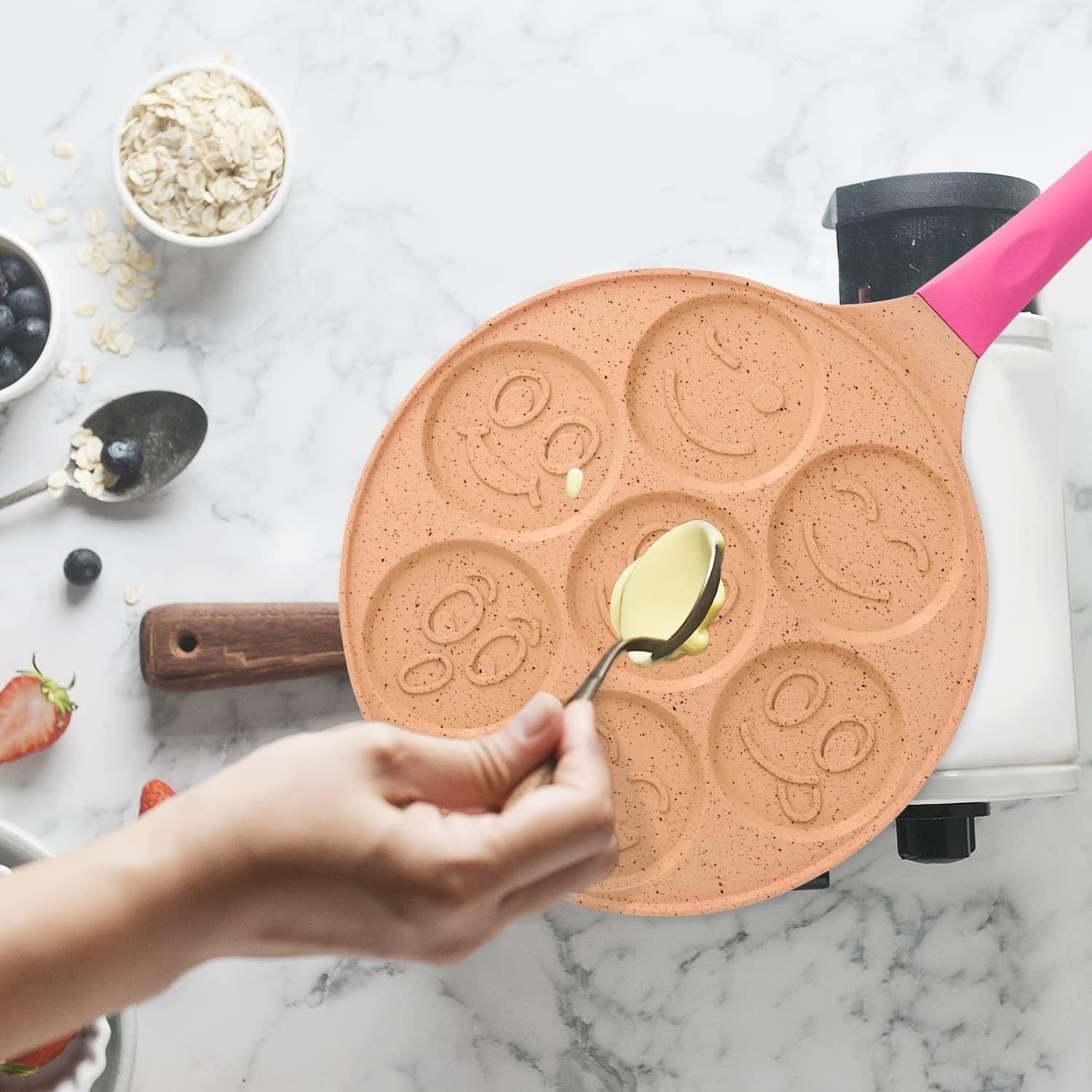 7-Hole Smiley Face Pancake Pan 26cm Pink | Non-Stick Induction Mini Pancake Make