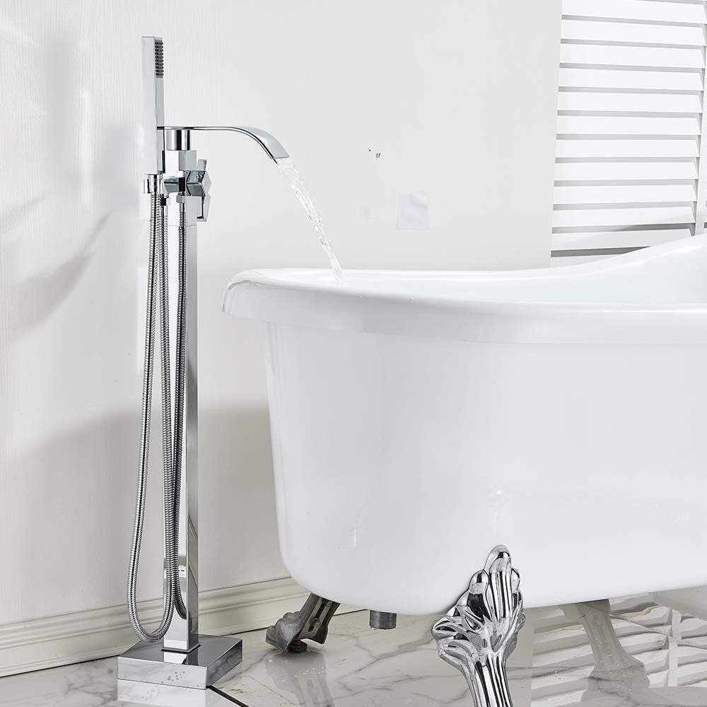 Chrome Freestanding Bath Mixer Tap with Handheld Shower Floor Mounted Brass