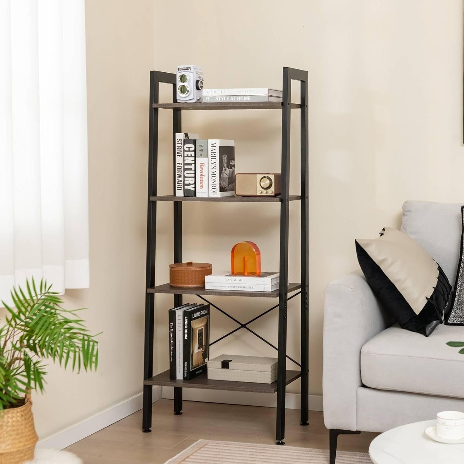 Black Industrial Ladder Shelf 4-Tier Freestanding Storage Rack Plant Stand