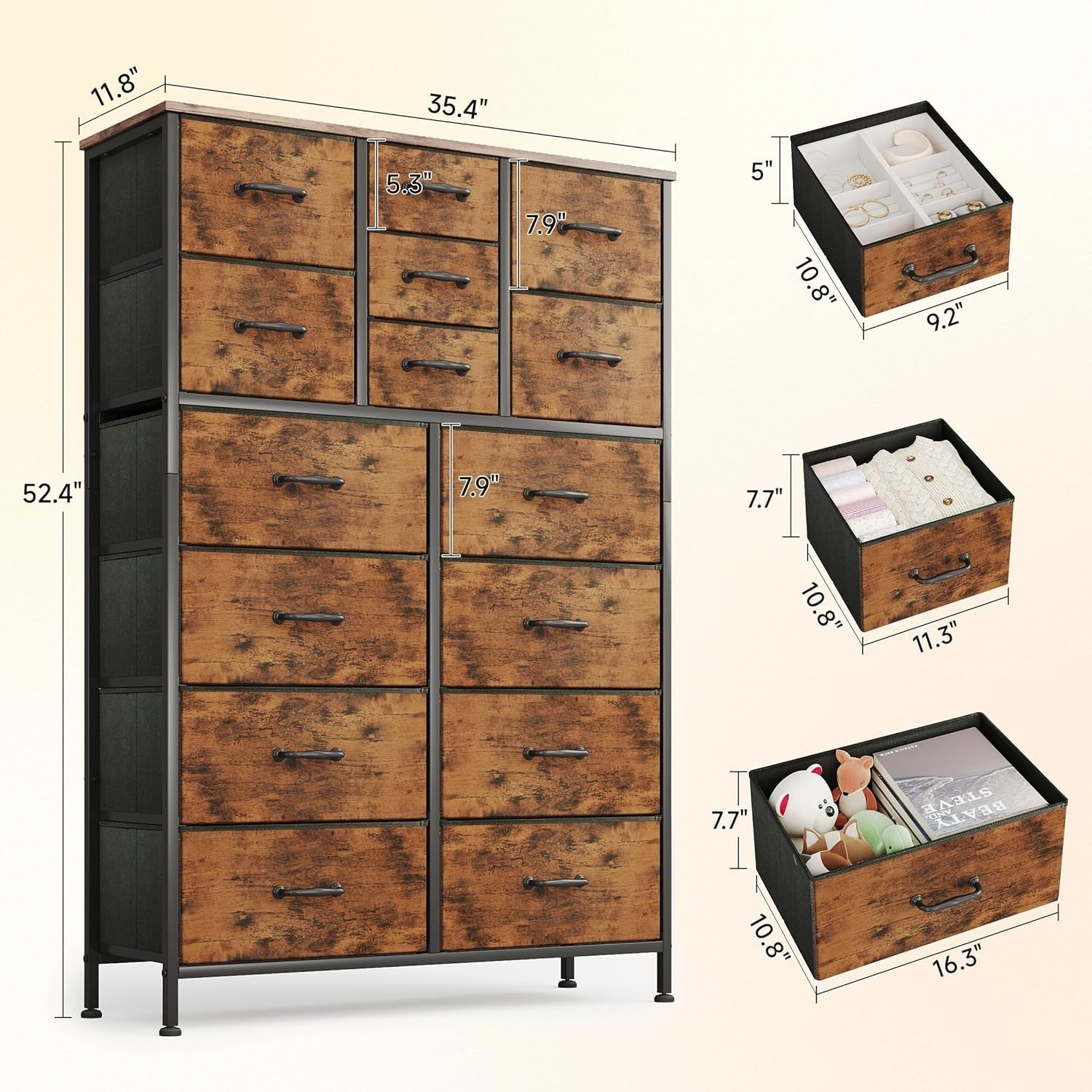 15 Drawer Fabric Chest Dresser Wood Top Tall Storage Unit Rustic Brown