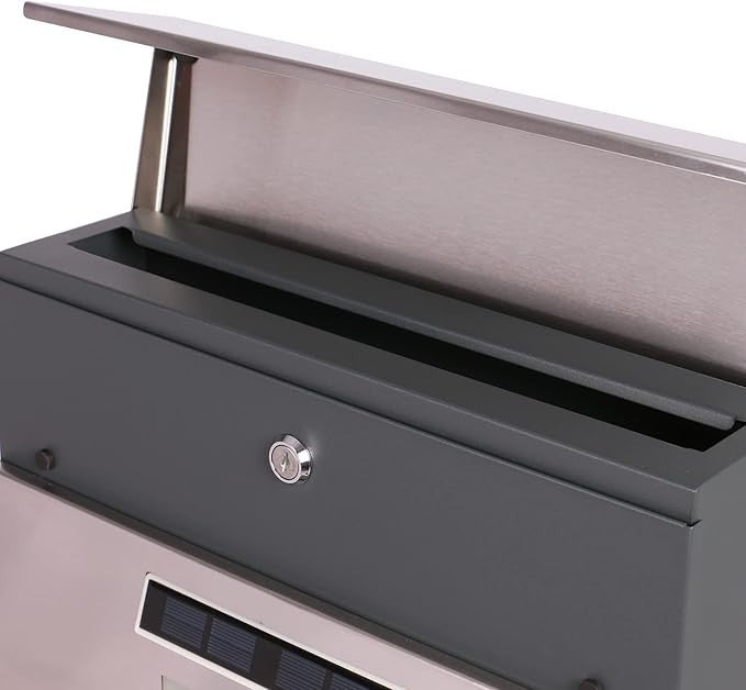 Wall Mounted Stainless Steel Mailbox with Solar LED, Lock, A4 Slot, Weatherproof