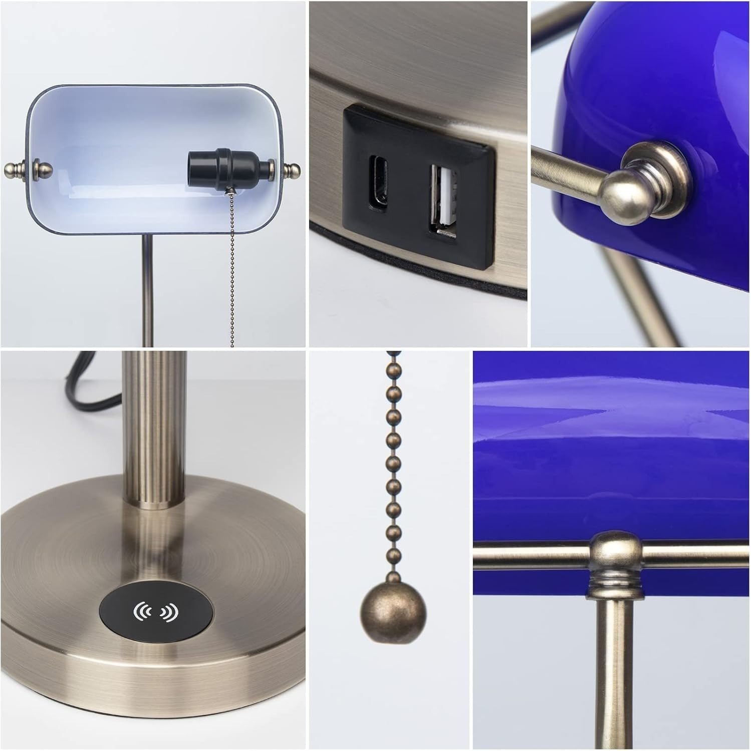 Blue Glass Desk Lamp with Wireless Charger & USB Port, Retro Style