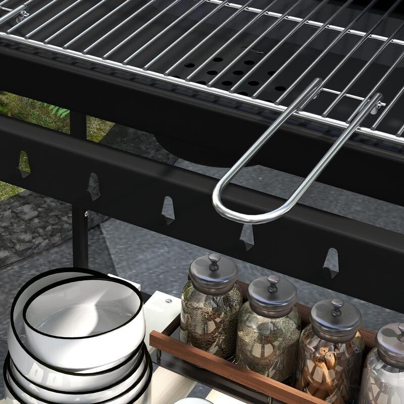 Charcoal BBQ Grill Trolley with 5-Height Levels, Shelves, Wheels & Warmer