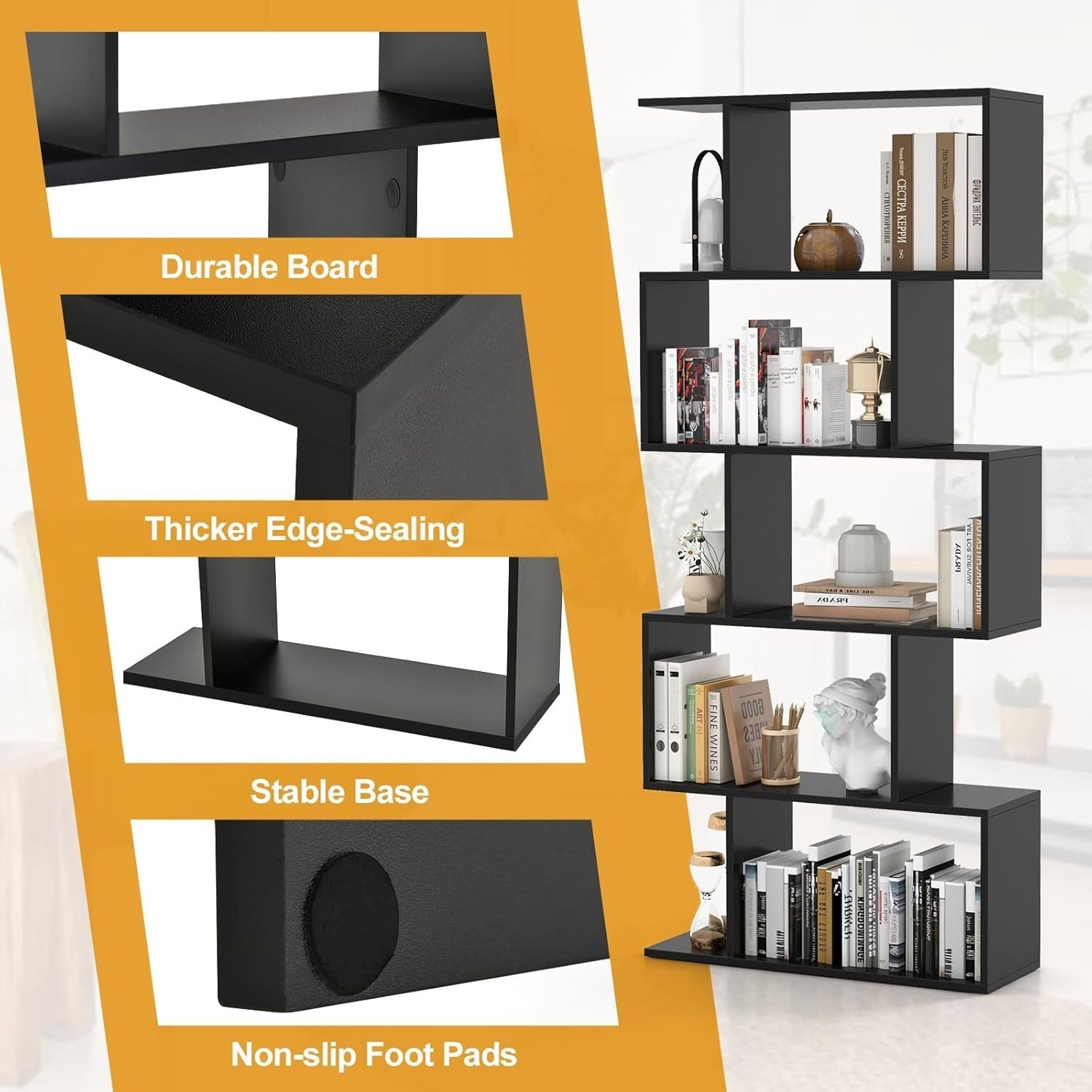S Shaped 5 Tier Wooden Bookcase Freestanding Display Storage Shelf Black