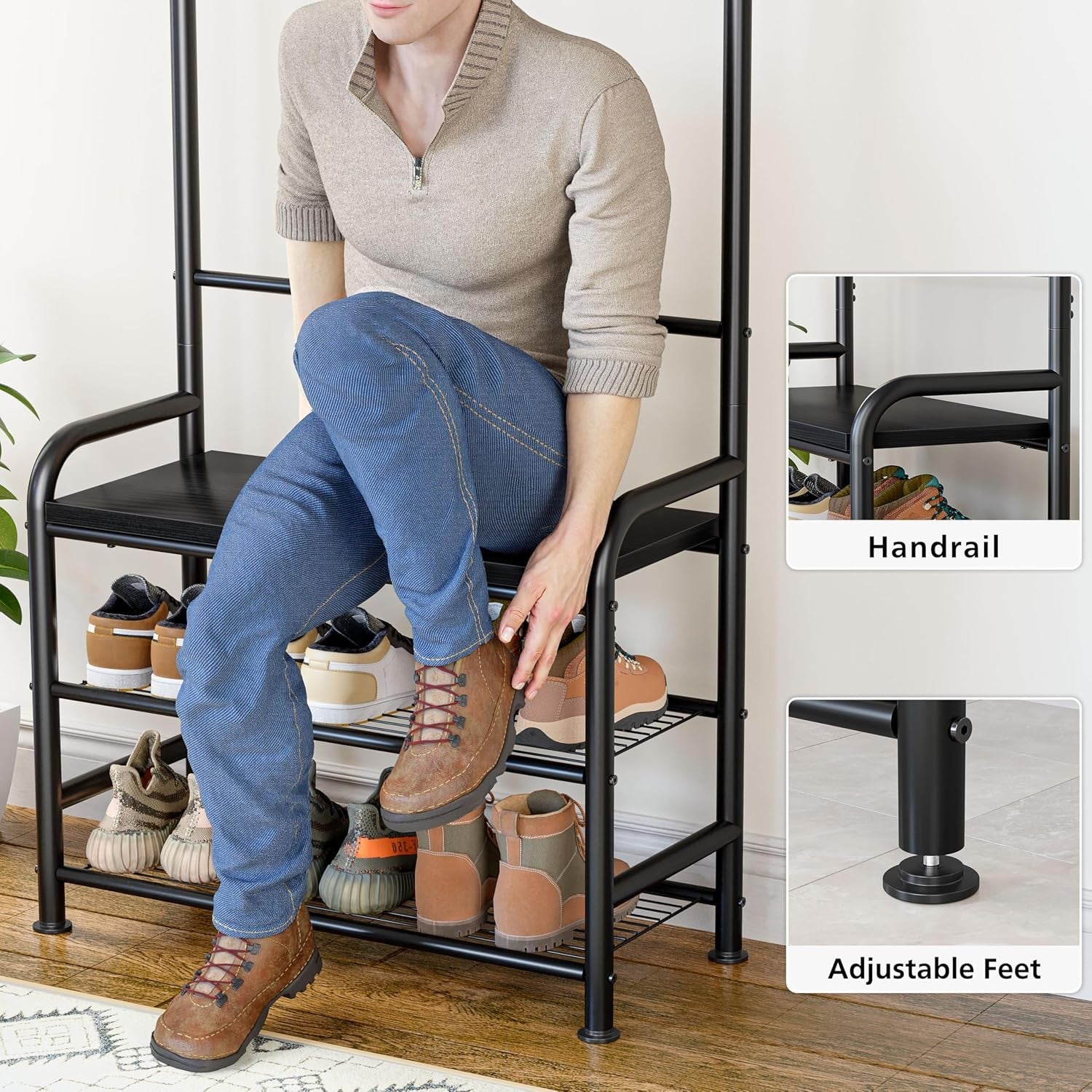 Coat Rack with Shoe Bench 4-in-1 Hall Tree 182cm Black Metal Frame Storage