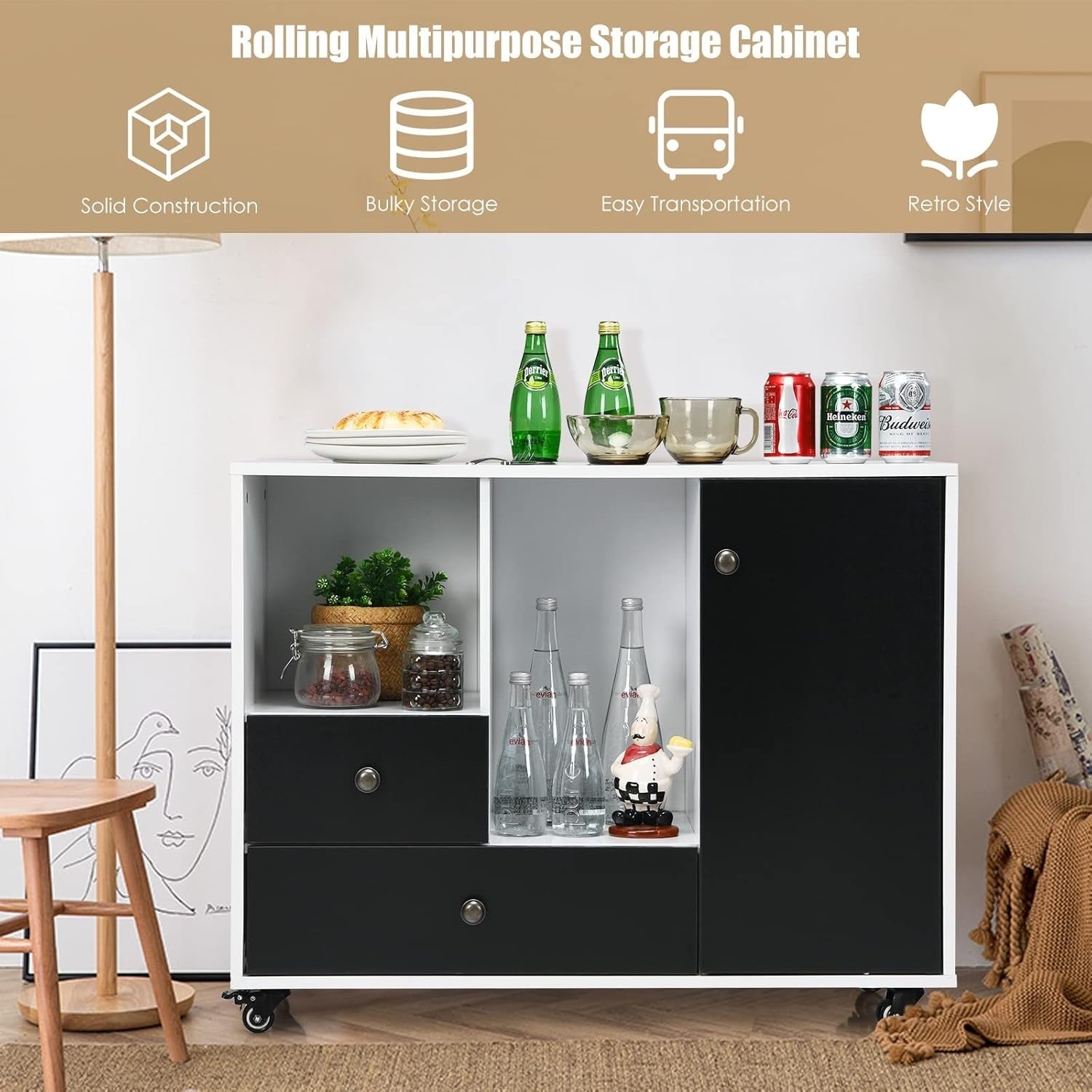 Black White Mobile File Cabinet 90cm Printer Stand Storage Unit