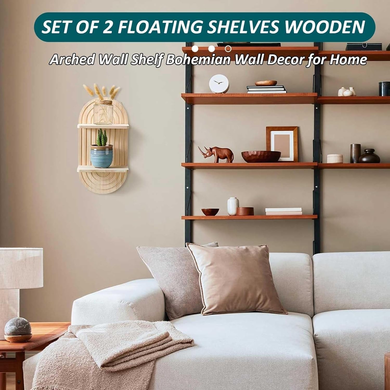 2PCS Boho Floating Wall Shelves 32x20x6cm Wooden Decor