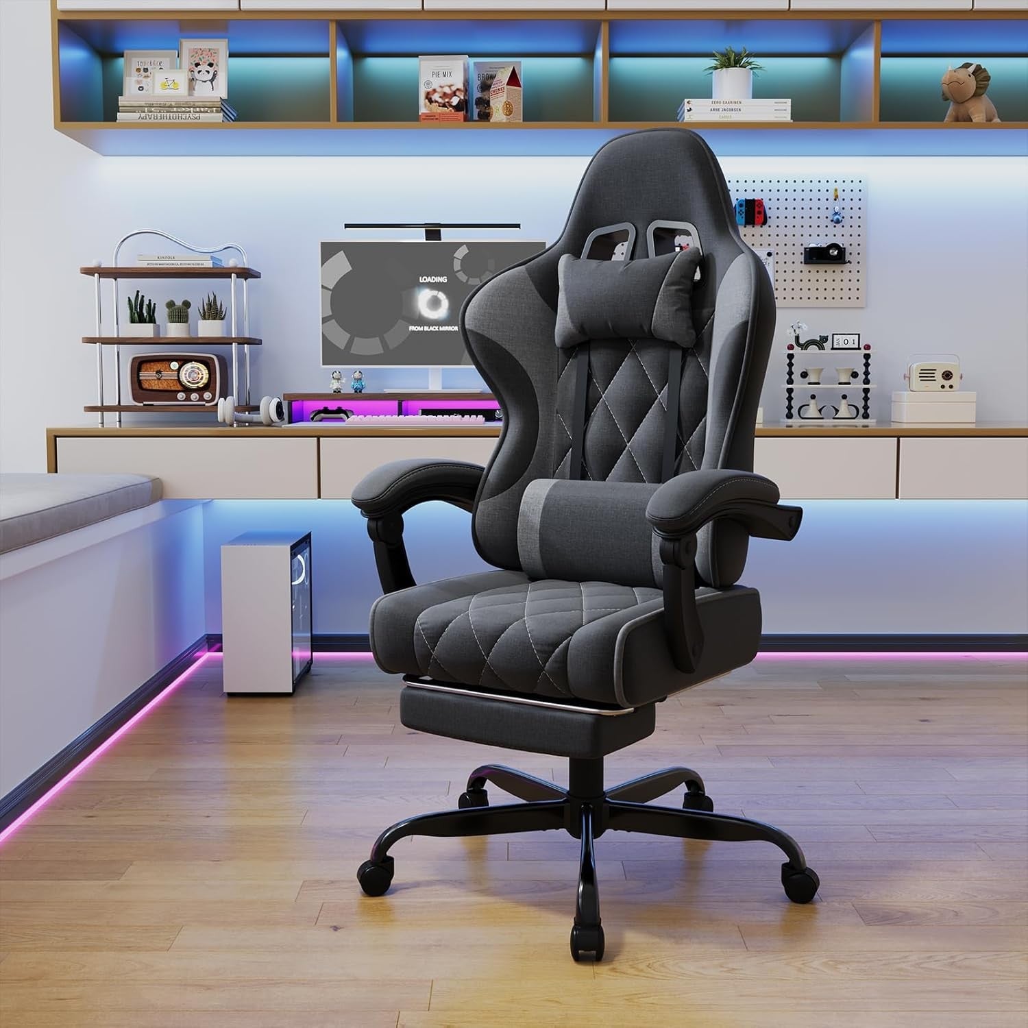 Ergonomic Fabric Gaming Chair Recliner w/ Footrest & Lumbar Support
