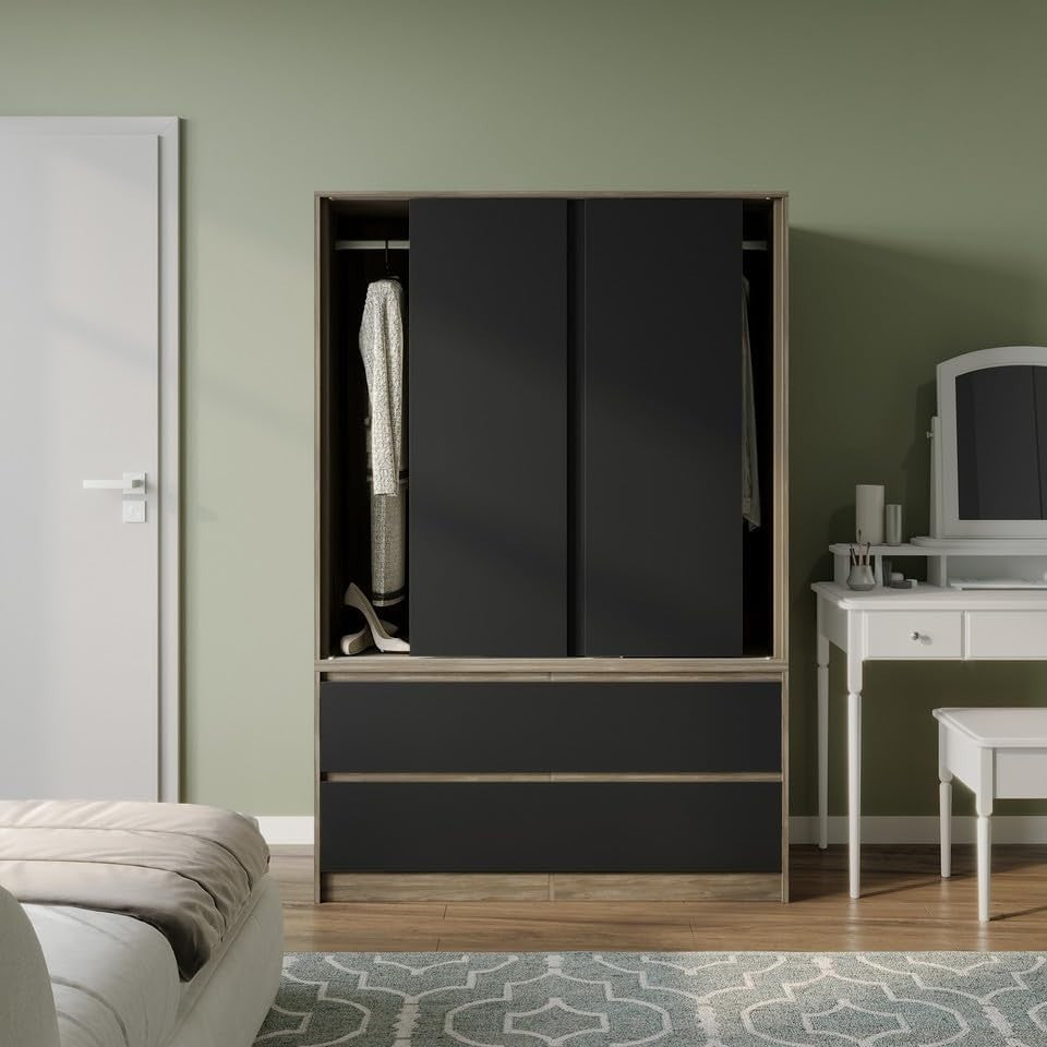 Black Sliding Door Wardrobe with 4 Drawers & Metal Hanging Rail Storage