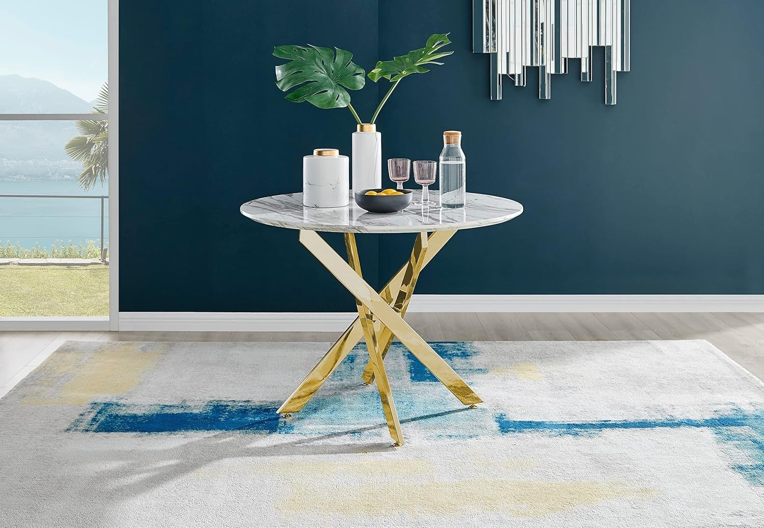 Compact 100cm Round Marble Dining Table with Gold Chrome Legs – Modern