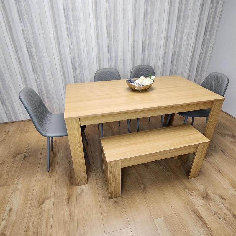 6 Seater Oak Dining Table Set with Bench & 4 Grey Chairs for Kitchen