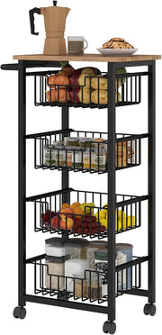 4 Tier Rolling Kitchen Storage Trolley Cart Mesh Baskets Oak