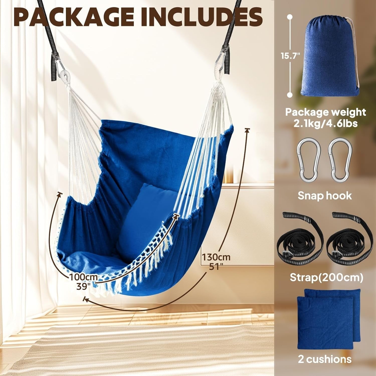 Royal Blue Hammock Chair with 2 Cushions & Straps | 500lbs Indoor Outdoor