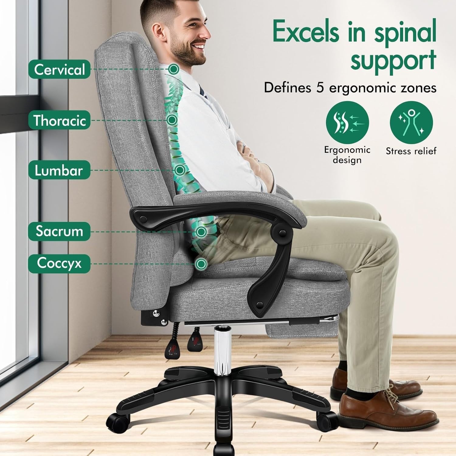 Office Gaming Chair Heated Massage Linen Fabric Reclining Swivel Desk Seat Grey