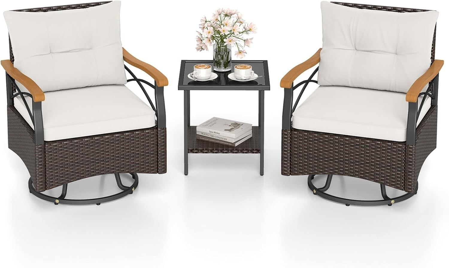 3PC Rattan Swivel Rocking Chairs Bistro Set Patio Garden Table Cushions