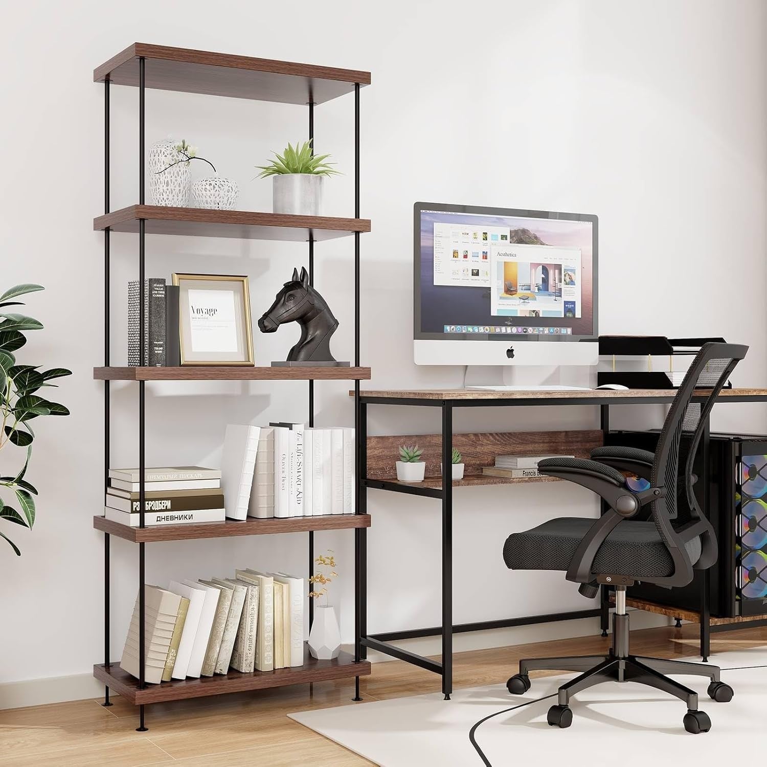5-Tier Industrial Bookshelf Metal Frame Rustic Wood Storage Shelving Unit
