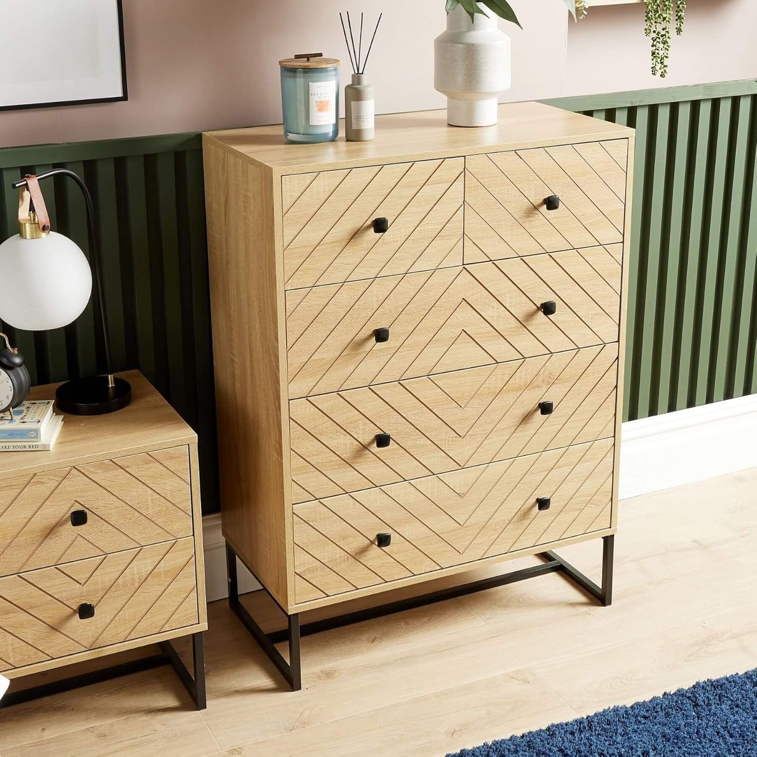 Modern Oak 5 Drawer Chest | Tall Bedroom Storage Unit | Slim Wood Dresser