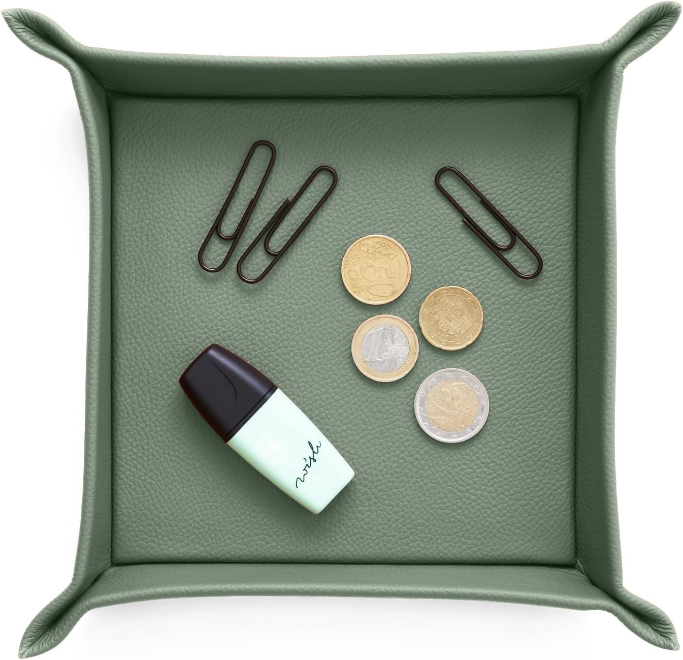 Leather Valet Tray Sage Green – Desk Organiser for Keys, Coins & Jewellery