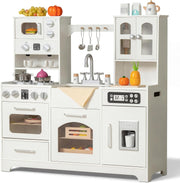 Wooden Kids Play Kitchen w/ Lights Sounds Ice Maker White Toy