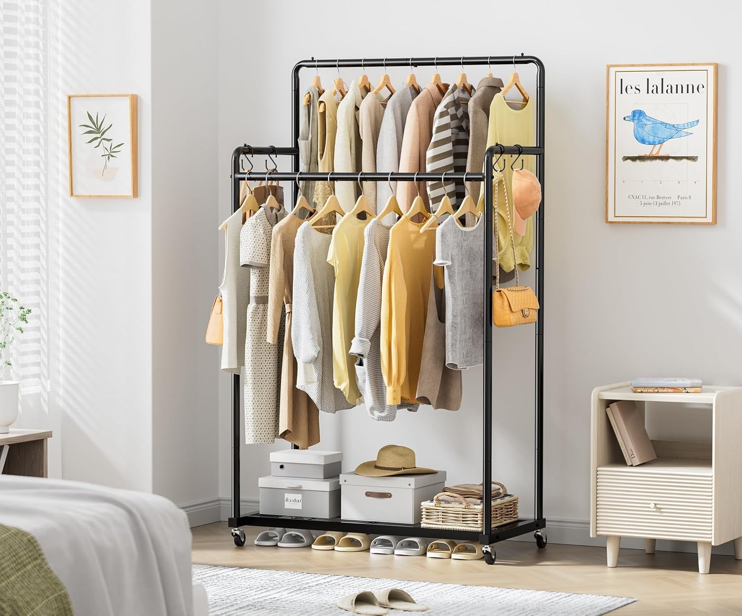 Double Clothes Rail 80KG Heavy Duty Rack With Shelf Black