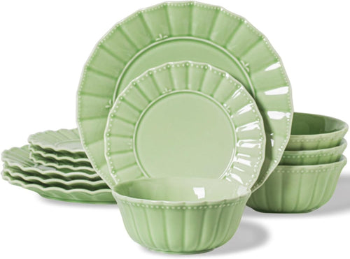 12 Piece Porcelain Dinner Set Green Plates Bowls Microwave Dishwasher Safe