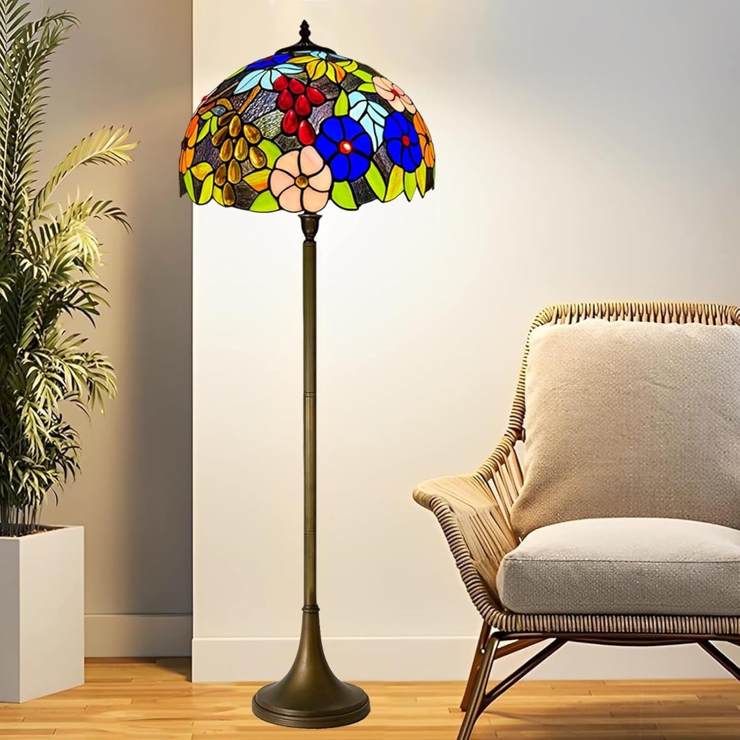 Tiffany Style Floor Lamp Handcrafted Stained Glass 16in Antique Decor Light