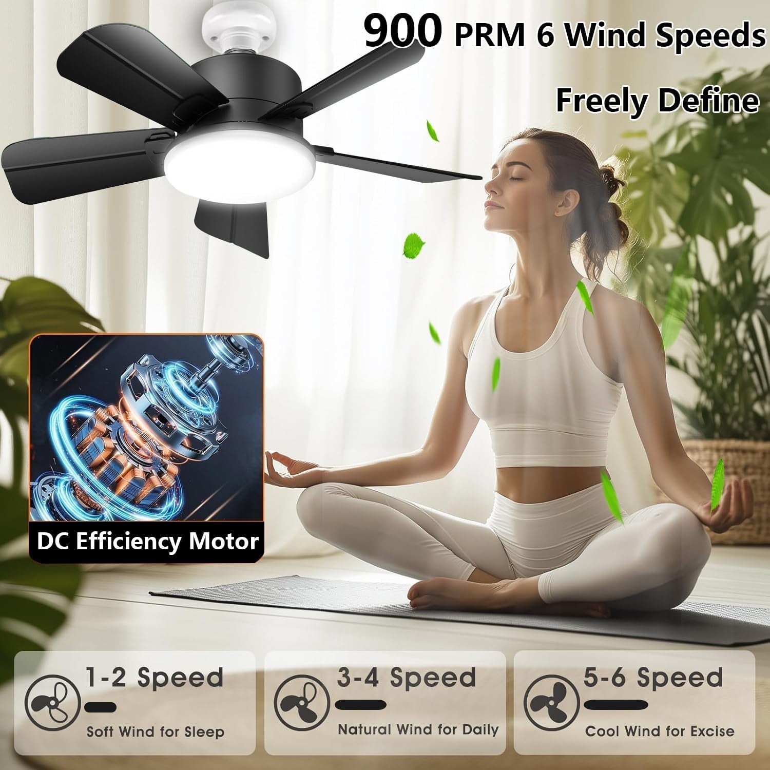 Seyxicnor Socket Ceiling Fan with Light, Remote, E27, 6-Speed, Black, LED