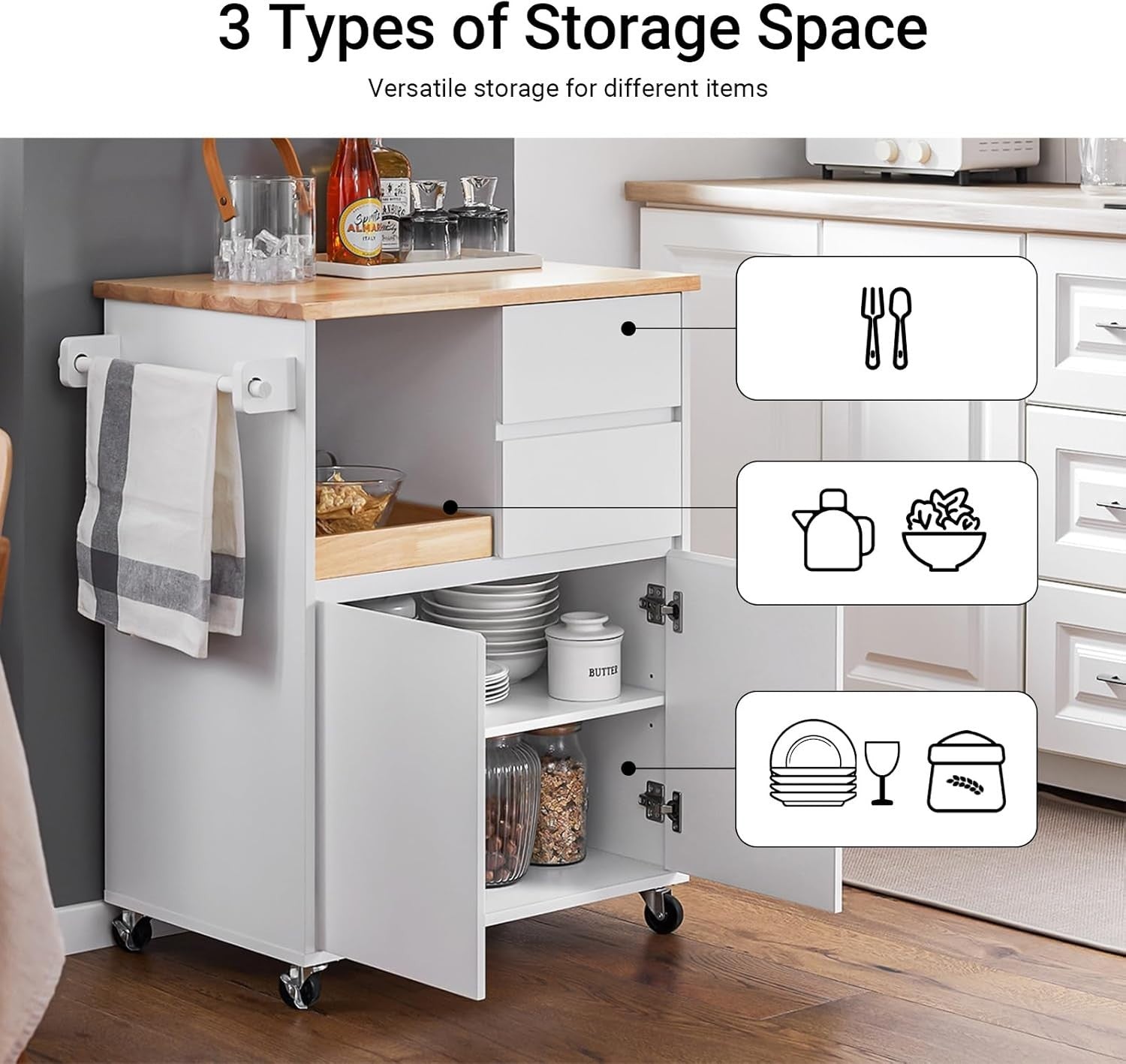 White Rolling Kitchen Island Cart Rubber Wood Top 72cm