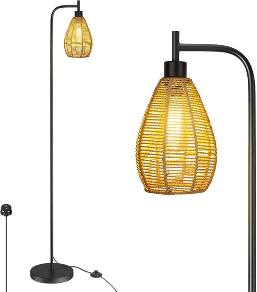 Farmhouse Floor Lamp Tall Standing Light Woven Rope Cage Pedal Switch